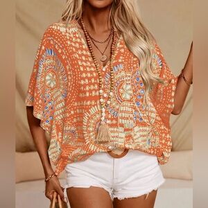 🧡 Hello Gorgeous! Printed Boho V-Neck Half Sleeve Top - Orange Sherbet